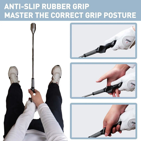 Dope Golf Swing Trainer Aid with grip trainer for right handed players showing anti-slip rubber grip and correct hand position.