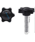 Xadnitu black plastic star-knob with 1/4-20 screw; front and side views of knob and threaded shaft.