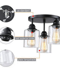 Diagram of Three Light Industrial Semi Flush Mount Ceiling Fixture with Vintage Clear Seeded Glass Shade, Black Finish, UL Listed.