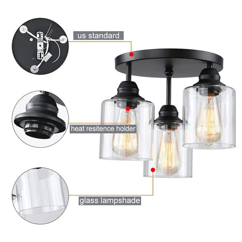 Diagram of Three Light Industrial Semi Flush Mount Ceiling Fixture with Vintage Clear Seeded Glass Shade, Black Finish, UL Listed.