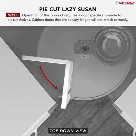 Top down view of Two-Tier Pie-Cut Lazy Susan Organizer For Base Corner Kitchen Cabinets With Almond Plastic Shelves inside cabinet.
