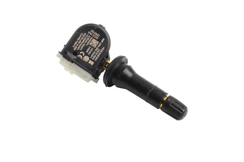 Genuine Tire Pressure Monitor Sensor Featuring Hella Tough Ten Year Battery Pack, side view with valve stem, for GM cars.