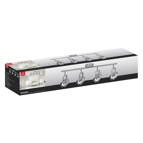 Box packaging of Westmore 4 Light Track Lighting System In Brushed Nickel Finish Modern Industrial Style with adjustable heads displayed