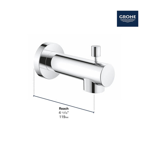 Tub Spout In Starlight Chrome With Slip Fit 1/2 In NPT, Scratch And Tarnish Resistant Finish For Lifetime Shine, Easy Install Upgrade For Modern Bathrooms No Fuss, side view showing integrated diverter