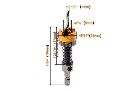 Adjustable Countersink Drill Bit With Zero Hassle Tool Free Depth Adjustment, Smooth 1/8 Inch Pilot And Tough 5/16 Inch Carbide Cutter For Easy Woodworking And Quick Hole Prep dimensions and angles labeled.
