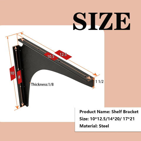 Beefy 1000-Pound Heavy Duty Shelf Brackets Set in Industrial Steel, Black, 12.5x10 inch with size dimensions shown