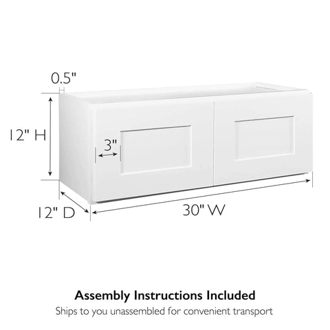 Brookings Shaker Bridge Wall Kitchen Cabinet W3012 30 W X 12 D X 12 H Painted White Solid Wood Ready To Assemble, side view