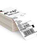 4x6 Thermal Shipping Labels 500 Per Stack With Fanfold, BPA Free, displayed in a stack with printed label showing mailing details