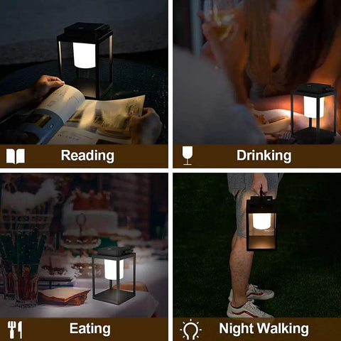 Rechargeable Outdoor Table Lantern With USB Port No Wires Needed in use for reading, drinking, eating, and night walking.