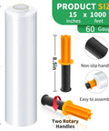 Heavy Duty Stretch Wrap With Handles Industrial Strength Moving Plastic Roll Sixty Gauge Shrink Film For Pallet Packaging Two Pack 15in x 1000ft
