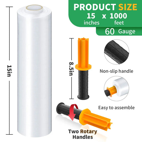 Heavy Duty Stretch Wrap With Handles Industrial Strength Moving Plastic Roll Sixty Gauge Shrink Film For Pallet Packaging Two Pack 15in x 1000ft