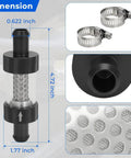 Five Eighth Inch Universal Inline Heater Core Coolant Filter with dimensions 4.72 inch, steel mesh core and snap on clips.