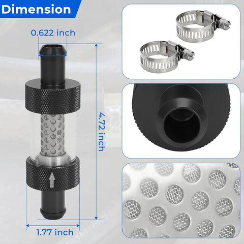 Five Eighth Inch Universal Inline Heater Core Coolant Filter with dimensions 4.72 inch, steel mesh core and snap on clips.