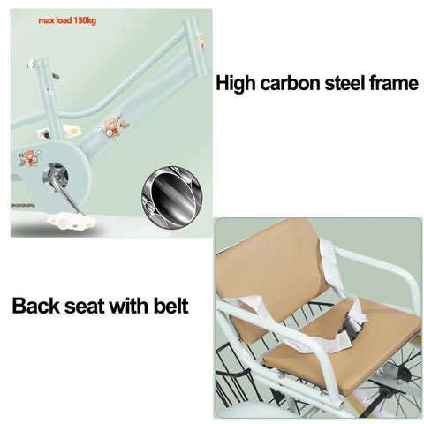 Outdoor Tricycle For Travel And Family Easy Ride Three Wheel Pedal Rickshaw with PU leather seat, guardrail, safety belt.