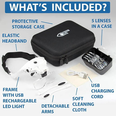 Hands Free LED Magnifier Glasses With Five Lenses And Headband For Hobby Crafts And Close Detail Tasks Includes Storage Case