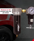 Pro Grade Half Inch NPT Filter and Regulator Duo for Air Compressors, Black, gauge and fittings shown, 100 SCFM capacity.
