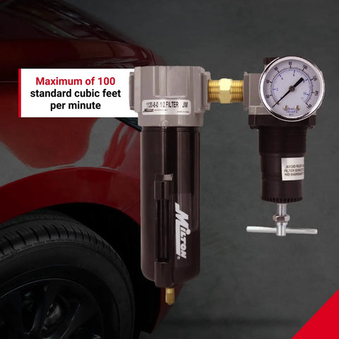 Pro Grade Half Inch NPT Filter and Regulator Duo for Air Compressors, Black, gauge and fittings shown, 100 SCFM capacity.