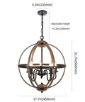 Farmhouse Globe Chandelier With 5 Lights Dope Rustic Metal Pendant Lighting, dimensions labeled, vintage retro black and wood finish.