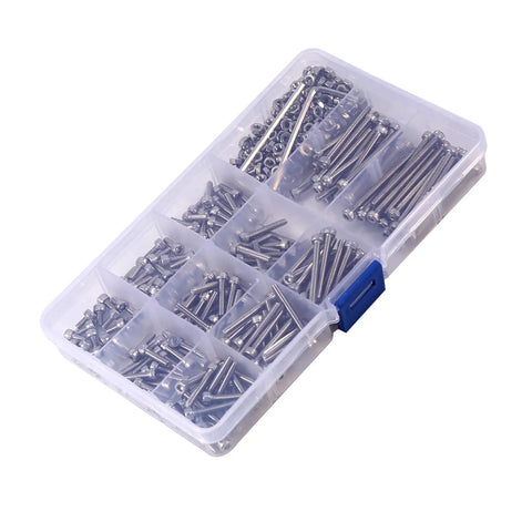 Hardcore 440 Piece 304 Stainless Steel Hex Head Socket Screws And Nuts Assortment Kit M3 Metric Bolts Nuts With 2 Hex Keys For Tough Home Repair Or Weekend DIY Projects Inside Rust Resistant Plastic Storage Case With Lid Organizer Tray open tray
