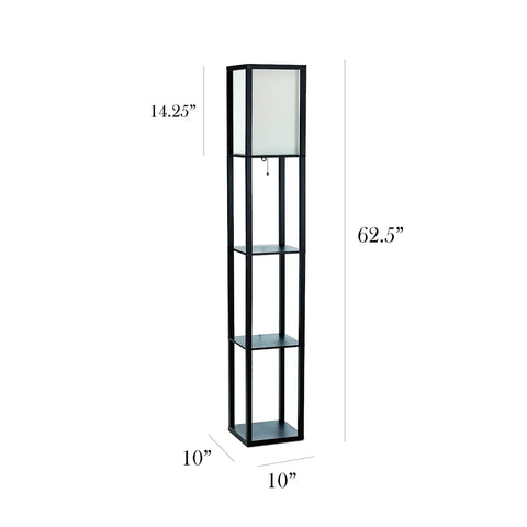 Black 62.5 Inch Modern Etagere Floor Lamp With Three Shelves For Storage And Display Space Saving Design Linen Shade Pull Chain On Off Soft Warm Glow