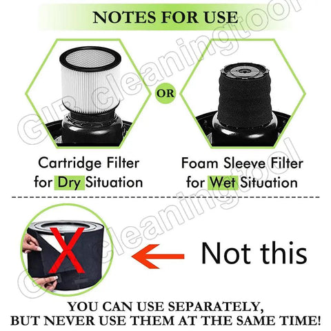 Illustration showing use of Must Have All In One Replacement Vacuum Filters Kit For 5 Gallon Wet Dry Vacuums with separate filter suggestion.