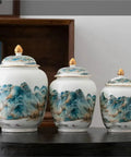 Top Shelf Premium Ceramic Airtight Tea Canister For Loose Leaf And Roasted Coffee Storage With Classic Chinese Landscape Motif.
