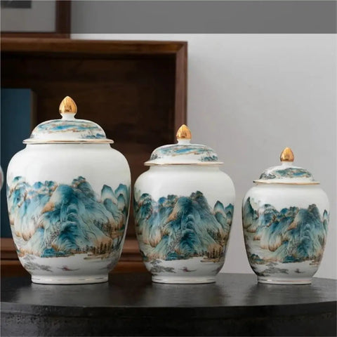Top Shelf Premium Ceramic Airtight Tea Canister For Loose Leaf And Roasted Coffee Storage With Classic Chinese Landscape Motif.