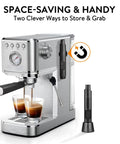 Retractable WDT Tool For Espresso Distribution And Stirring Magnetic Coffee Distributor next to espresso machine