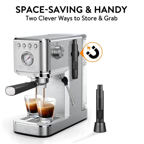 Retractable WDT Tool For Espresso Distribution And Stirring Magnetic Coffee Distributor next to espresso machine
