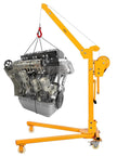 Rugged Foldable Hand Crank Engine Hoist Built Solid Like A Tank For Heavy Shop Tasks lifting an engine with sturdy steel construction.