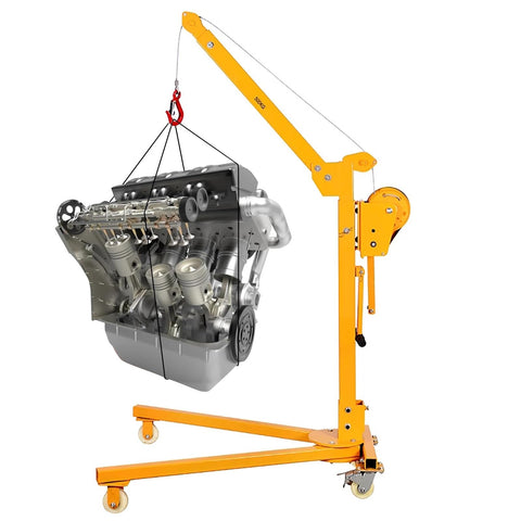 Rugged Foldable Hand Crank Engine Hoist Built Solid Like A Tank For Heavy Shop Tasks lifting an engine with sturdy steel construction.