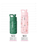 Keep Things Chill In Backpacks With This Kid Approved Confetti Insulated Water Bottle Packed With A Leak Proof Straw Lid And Double Wall Stainless Steel Build For Little Ones 14 Oz 14oz green dinosaur bottle next to 18oz pink flamingo bottle.