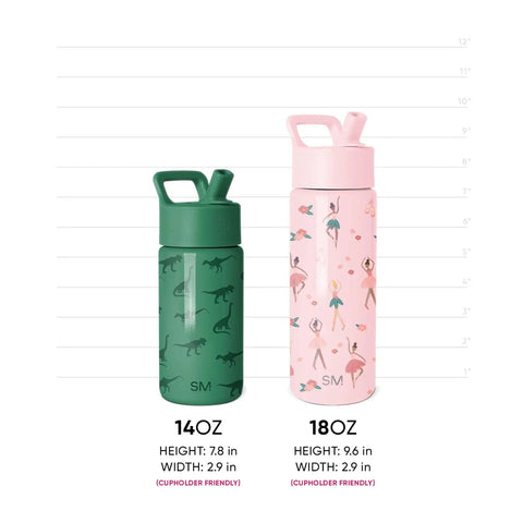 Keep Things Chill In Backpacks With This Kid Approved Confetti Insulated Water Bottle Packed With A Leak Proof Straw Lid And Double Wall Stainless Steel Build For Little Ones 14 Oz 14oz green dinosaur bottle next to 18oz pink flamingo bottle.