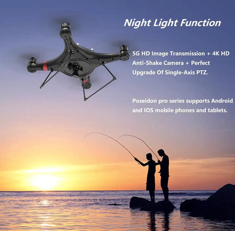 Beast Of A Heavy Lift Fishing Drone With 3 Kg Payload And Bait Release flying above ocean at sunset, showcasing night light function.