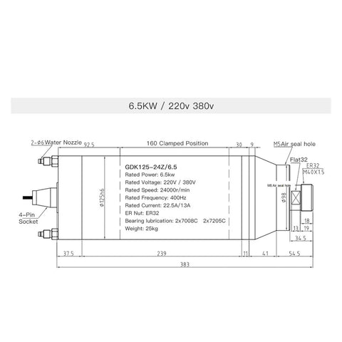 Beast Mode Heavy Duty CNC Water Cooled Spindle Built For Fast Routing And Metal Cutting Handles Killer Load Up To 7500W At 220V With Straight Shot Wiring For Quick Install detailed dimensions illustration.