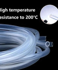 Silicone tubing, 1/4 in ID x 3/8 in OD, transparent, coiled; food-grade, high-temp up to 200°C.