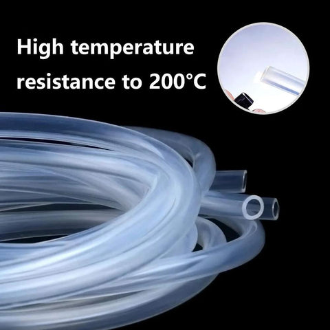 Silicone tubing, 1/4 in ID x 3/8 in OD, transparent, coiled; food-grade, high-temp up to 200°C.