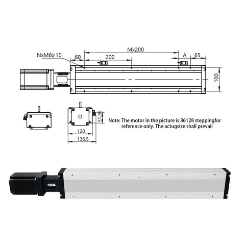 Heavy Duty Ball Screw Linear Actuator Paired With Nema Stepper Motor and Built Tough Linear Slide Stage drawing dimensions.