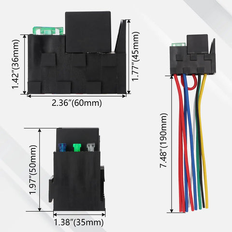 Dimensions of 12V 3 Way Fuse Relay Kit with 5 Pin SPDT 40A Heavy Duty 12 AWG Copper Wires for cars, trucks, marine, boats, and jeeps.