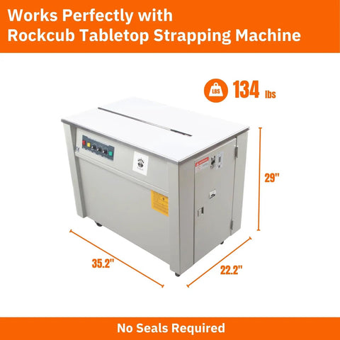 Heavy Duty Polypropylene Strapping Roll Six Thousand Feet Half Inch Wide Point Zero Three Thick Three Hundred Pound Break Strength Standard Core Top Shelf Packaging Strap Securing Pallets And Boxes Hecka Durable No Sweat Warehouse Jobs with Rockcub Tabletop Strapping Machine