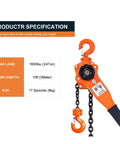 Lever Chain Hoist 0.75 Ton, 1650 Lbs Capacity, 10 Ft Chain, Manual Come Along Ratchet Puller with specifications chart.