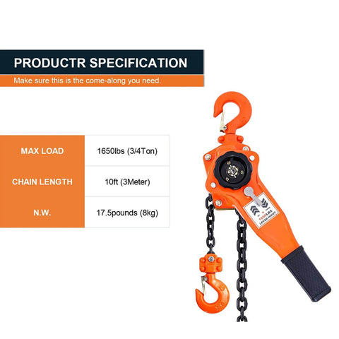 Lever Chain Hoist 0.75 Ton, 1650 Lbs Capacity, 10 Ft Chain, Manual Come Along Ratchet Puller with specifications chart.