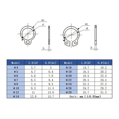 Diagram of External Circlip Snap Ring Set for Retaining Clips, showing 15 metric sizes from Ø4 to Ø28 with measurements