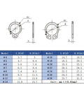 Diagram of External Circlip Snap Ring Assortment Kit 150 Pieces 304 Stainless Steel 4mm to 28mm, showing sizes and dimensions.