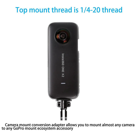 One Quarter Inch Screw Head Camera Mount Adapter For Tripod Rig CNC Aluminum Alloy Conversion Fits Insta360 One X2 shown on adapter