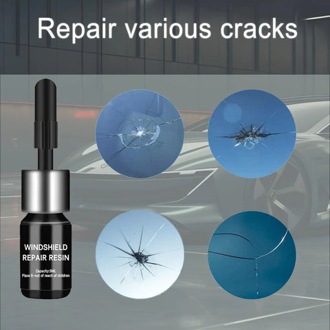 Windshield Repair Kit For Chips And Cracks Up To 12 Inch With Glass Repair Fluid showing repair resin and crack types