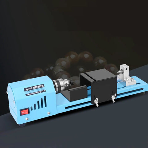 Dirt Cheap Mini Wood Lathe For Benchtop Projects Steel Build 150W Compact Desktop Woodturning Machine showing blue steel frame and motor.