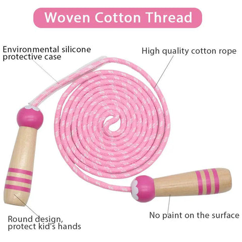 Kids Jump Rope 7ft Adjustable Cotton Skipping Rope With Wooden Handles For Boys And Girls Fitness Outdoor Exercise Pink Soft Durable Safe Ergonomic Grip Totally Perfect For Active Play