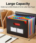 13 Pocket Expanding Accordion File Organizer With 6 Section Dividers For A4 And Letter Sized Documents on a desk with labels and dimensions shown.