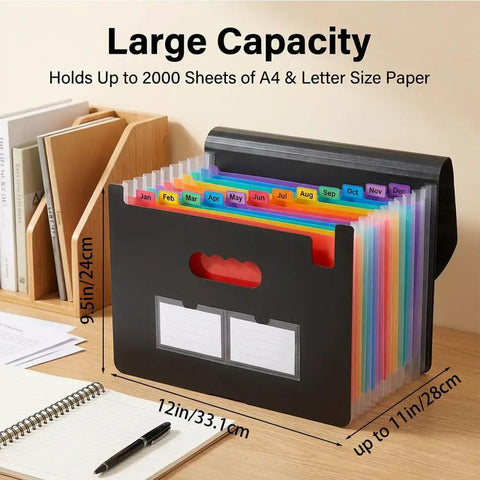 13 Pocket Expanding Accordion File Organizer With 6 Section Dividers For A4 And Letter Sized Documents on a desk with labels and dimensions shown.